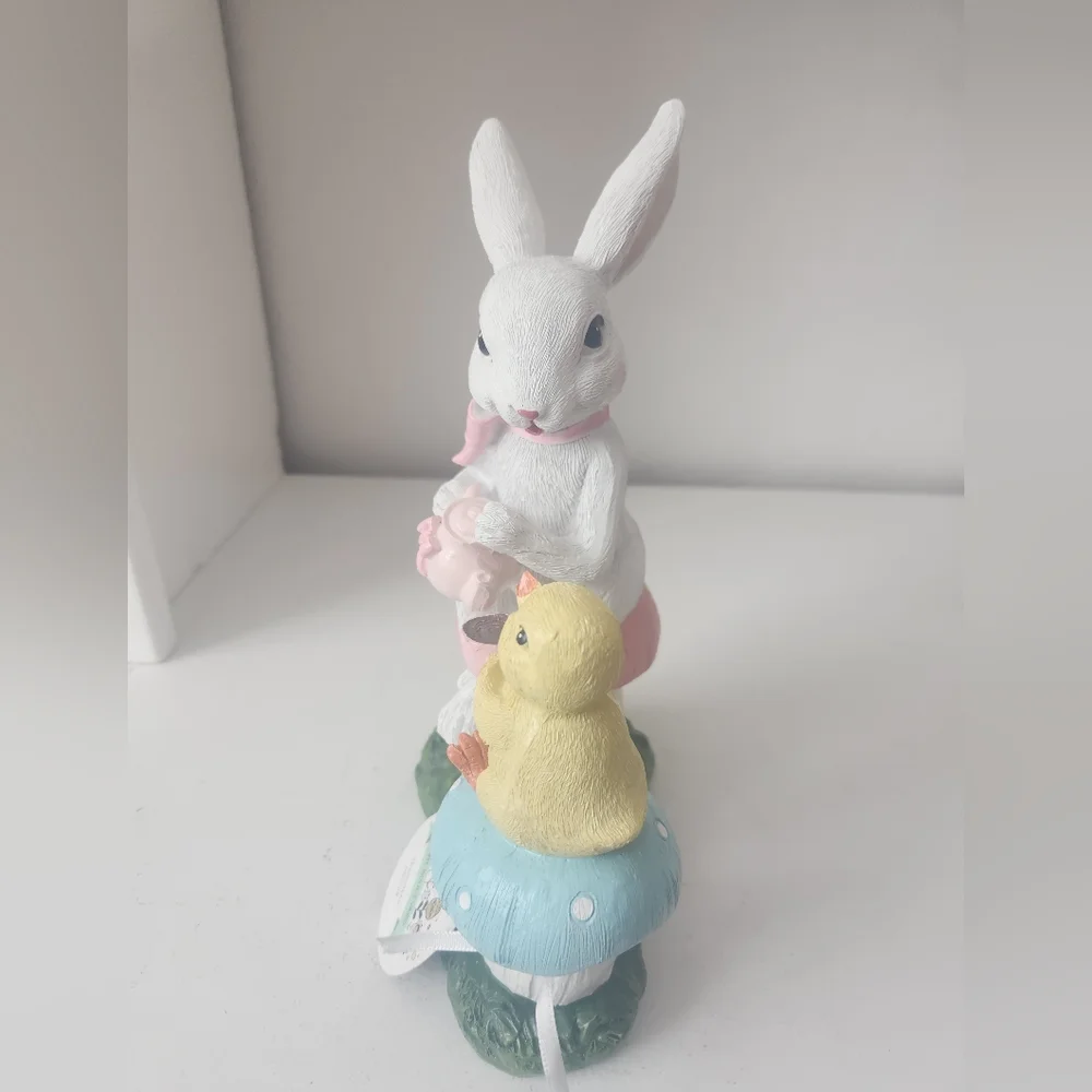 White Rabbit and Yellow Chick Sitting On Mushrooms Having Tea Figurine Resin - Picture 6 of 10